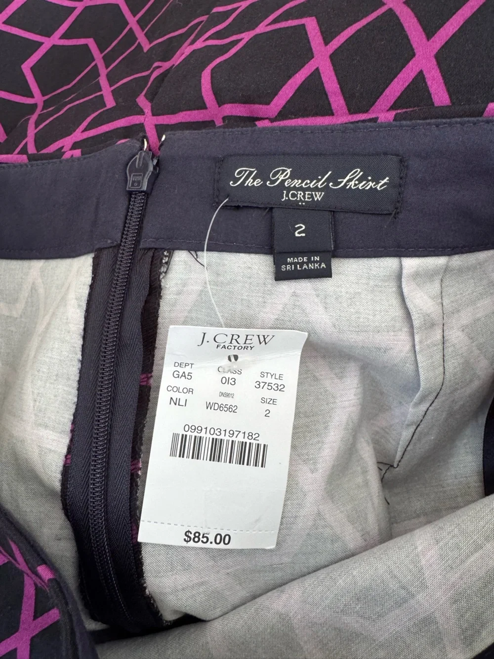 J Crew Pencil Skirt Navy Blue Magenta Pink Geometric Pattern NWT Size 2